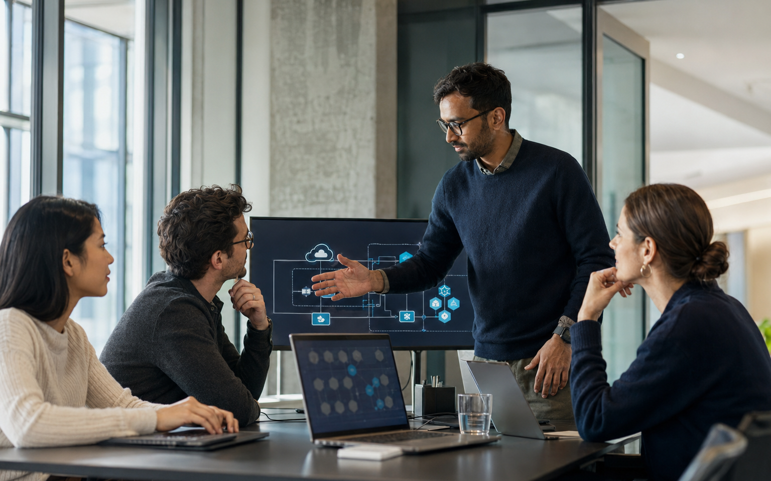 Software and cloud engineers collaborating in a modern technology workspace